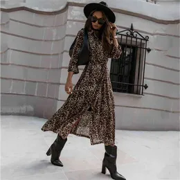 Leopard Print Long Slit Dress Plus Size Women Spring Autumn Big Maxi Casual Vintage 210427