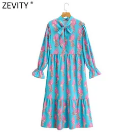 Zevity Women Sweet Bow Bundet Krage Leopard Leaves Print Platser Straight Midi Klänning Kvinnlig Chic Puff Sleeve Vestido DS8171 210603