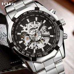 Fashion Luxury Top Brand Silver Skeleton Sports Automatic Stainless Steel Bracelet Chinese Mechanical Wrist Watches Men Gift New Q0902