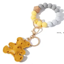 NEWSilicone Bead Bracelet Keychain Party Wooded Beads Keyring Old Flower Plaid Bear Decoration PU Leather Ornament Bag Pendant RRE12999