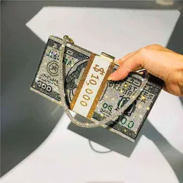 ショルダーバッグ結婚式の夜のハンドバッグデザイナー高級マネークラッチラインストーン財布10000ドルの現金のスタックハンドバッグ220331