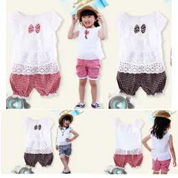 여름 여자 옷 세트 레이어 티셔츠 그리드 바지 아기 소녀 의류 정장 중공 탑스 점퍼 어린이 복장 210413
