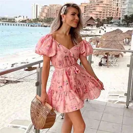 Foridol Bowknot Drukuj Boho Summer Dress Dla Kobiet Rękaw Puff Rocznika Kwiatowa Sukienka Plaża Krótka Mini Różowa Suknia Vestidos 210415