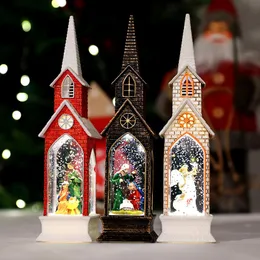 クリスマスの装飾教会の軽いランプとキリスト降誕のシーン、暖かい導かれた家の雪の世界渦巻きキラキラの装飾