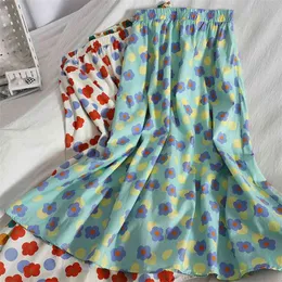 ZA Kadınlar Midiskirt Yüksek Bel Çiçek Baskı ile Zarif A-line Femme Yaz Gevşek Şifon Pileli Midi Etek 210529