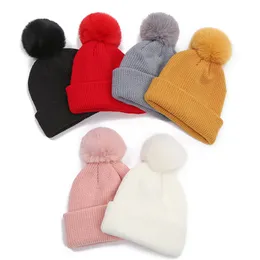 Children Winter Warm Beanies Hat Faux Fur Pom Poms Ball Pompon Knitted Ski Caps Hat Thick Beanie Bonnet for Baby Kids Toddler