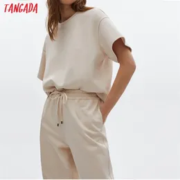 Tangada Kobiety Dress Sets Oversized Crop Top Garnitur 2 sztuki Bluza z krótkim rękawem Spodnie Garnitury 6D54 211105