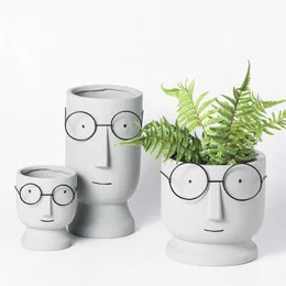 Nordic Cute Glasses Boy Ceramic Succulent Flower Pot Cartoon Fashion Simple Art Dried Flower Vase Indoor Green Dill Home Garden 210712