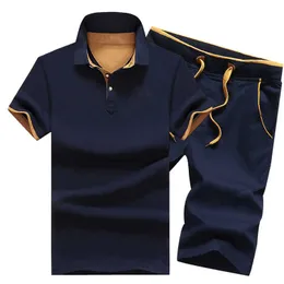 Spår kostym män slim polo t-shirt + shorts set casual solid tracksuit manlig fritid mäns topp och byxa kostym svett kostymer män 210714