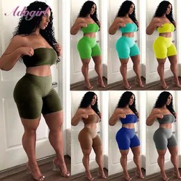 Women Party Club Two Piece Set Casual Strapless Solid Tube Tops + Short Pant Suit Set Female Outfit Sportwear Tracksuit Joggings