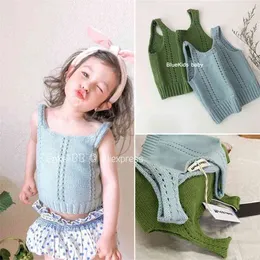 Kids Girl Summer Knit Vest Misha Barn Bomull Västar Grön Blå Märke Design Kläder Toppar 210619