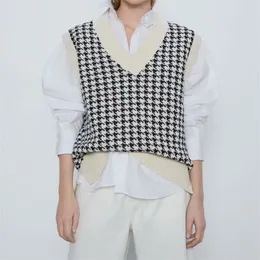 Chu Sau Beauty Loose Oversized Striked Sweater Vest Women Casual V-Neck Plaid Ärmlös Tröjor Chic Toppar 211007