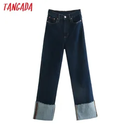 Тангада мода женщин высокая талия широко нога джинсы брюки длинные брюки карманные кнопки женский 3H13 210629