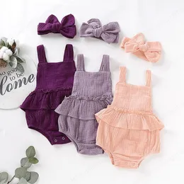 kids Rompers girls Solid color romper newborn infant ruffle Jumpsuits+Bow Headband Summer fashion baby Climbing clothing