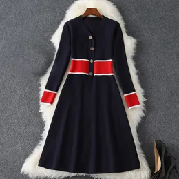 Spring Long Sleeve V Neck Red Contrast Color Striped Knitted Panelled Buttons Knee Length Dress Elegant Casual Dresses 1MS138B444