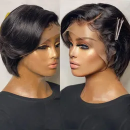 13x1 Pixie Cut Wig Human Hair Short Wavy Bob Paryk för Kvinnor Preplucked Hairline Brazilian T Part Transparent Lace Wig