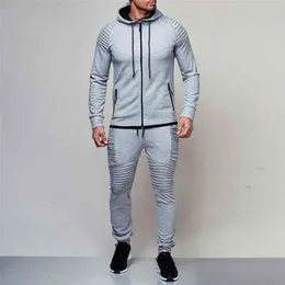 2 stycken sätter tracksuit män märke höst vinter hooded sweatshirt + dragsko byxor manlig stripe patchwork hoodies bigsweety 210916