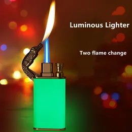 Nowy metalowy podwójny płomień świecąca zapalniczka nadmuchiwana wiatroszczelna latarka zapalniczki gazowe butan kreatywne gadżety do palenia