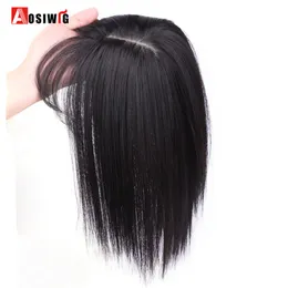 Aosi Women Clip Extensions 3 Clips i topper Naturlig Straight Black Brown Synthet med Bangs Fake Hairstycke