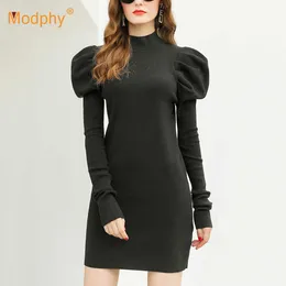 Elegant bubbla Långärmad Stickad Ladies Klänning Turtleneck Bodycon Mini Sweater Vestidos Party Kvinna Kläder Vinter 210527