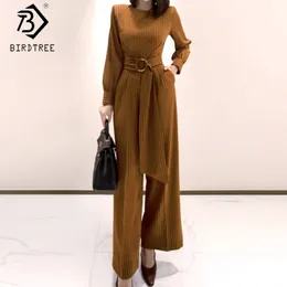 Spring Women's Office Lady Long Sleeve Striped Sashes Jumpsuits Fashion O-Neck High Waist Slim Kvinna Rompers S01217O 210416