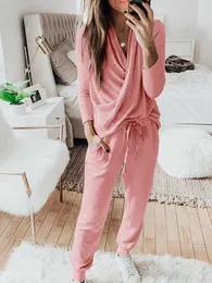 Kvinnor TRACKSUIT Two Piece Set Höst 2020 Casual Loose V Neck Långärmad Byxor Toppar Lounge Wear Sweatpants Femme 2pcs Outfits Y0625