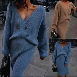 Women Knitted Sweater Dress Sexy Fashion Retro Two Pieces Sets Vintage Elegant Office Ladies Outfits Female Skirt Suit 210422