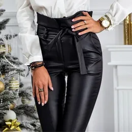 Guld svart hög midja penna byxor kvinnor faux läder pu sashes långa byxor damer casual sexig exklusiv design mode byxor 210521