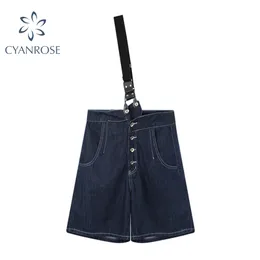 Breda benblå shorts jeans byxor med suspenders kvinnor knä längd casual fickor sommarbyxor kvinnliga lösa bf tidtable buttoms 210417