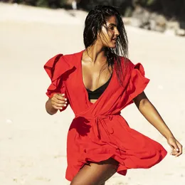 セクシーな急落の首の蝶の袖夏のビーチのドレス女性のビーチウェア赤いカバーアップ綿チュニック水着の隠蔽＃Q733 210420