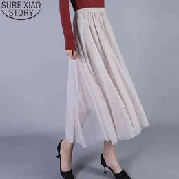 Casual Maxi Mesh Long Femmes Jupe Plissée Printemps Style Coréen 4 Couleurs Taille Élastique Solide Jupes Femmes Jupe 9840 210415