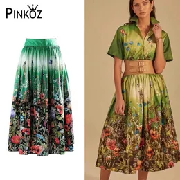 Runway Designer Green Tropical Floral Animal Printed Women High Waist Midi Skirt Luxury Flower Femme Vintage Chic Paris 210421