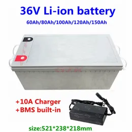 36V 60AH 80AH 100AH ​​120AH 150AH LITIUM LI-ion Batteri med BMS 10s för Rickshaw Solar Power System UPS 10A-laddare