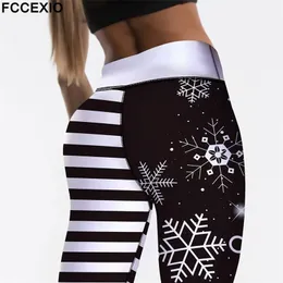Fccexioクリスマスハイウエストの弾力性の女性プリント雪がかわいいプリティレギンス4色トレーニングパンツ211204