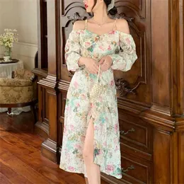 Vintage Floral Print Long Sleeve Summer Dress Women Square Collar France Fariy Boho Beach Holiday Vestidos 210514