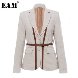 [EAM] Women Split Pu Leather Brief Short Blazer Lapel Long Sleeve Loose Fit Jacket Fashion Spring Autumn 1K458 210930