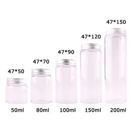 12ピースDIA 47mm 50ml / 80ml / 100ml / 150ml / 200ml透明ガラススパイスボトル銀製のアルミニウムふたの結婚式のギフト210330