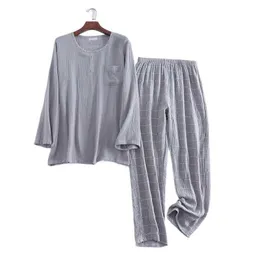 Mäns Dubbelskikt Tvättad Textur Gauzze Round Neck Plaid Pyjamas Byxor Hemdräkt Män Lounge Slitage Ficka Nightwear Dormir Toppar 210928