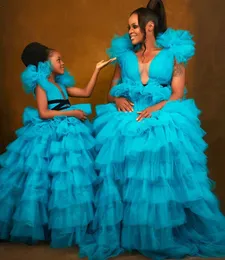 turquoise blue Prom Dresses deep v neck Modest Tiered Ruffles Long Tulle Puffy Tulle Ball 3D Tutu Flower evening Gowns Custom Made Formal Dress