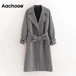 Aachoae Vintage Hahnentritt Lange Mantel Frauen Batwing Hülse Lose Elegante Wolle Mantel Gerade Plaid Bandage Mantel Abrigo Mujer 210413