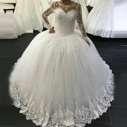 2021 Eleganckie Sheer Długie Rękawy A Linia Suknie Ślubne Białe Koronkowe Aplikacje Plus Size Sweep Pociąg Garden Country Bridal Party Dresses