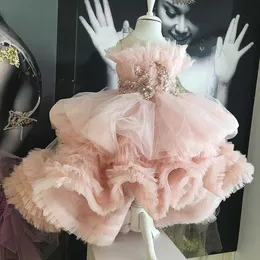 Prenses Pembe İnciler Çiçek Kız Elbise Düğün Uzun Ruffles Boncuklu Aplike Bebek Doğum Günü Partisi Elbise Kızlar Pageant Balığa Çocuk Giysileri