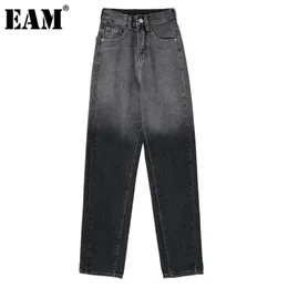 [EAM] Cintura alta Jeans cinza Longo Casual Calças largas Calças novas femininas soltas Moda Moda Primavera Outono 2021 1DE0177 Q0801