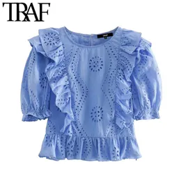 TRAF Camicetta ritagliata con ricamo a intaglio moda donna Vintage O Collo Cerniera laterale Ruffles Camicie femminili Blusas Chic Top 210415