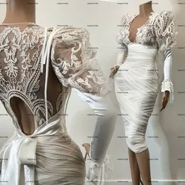 Liten vit klänning långärmad sjöjungfru knä-längd prom klänningar ren o-nacke aso ebi spets kväll cocktail wear gowns