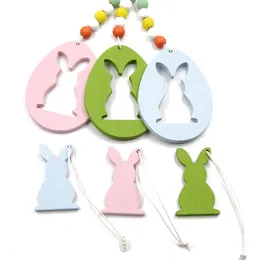 Påsk trä hängande hänge diy solid färg ägg kanin formad hängande prydnad glad påsk dekoration jw96
