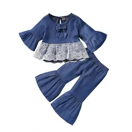 Dzieci Odzież Zestawy Dziewczyny Stroje Dzieci Flare Rękaw Koronki Topy + Spodnie zebrane 2 sztuk / zestaw Wiosna Jesień Moda Butików Bautique Ubrania