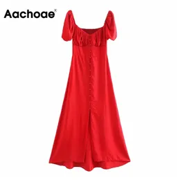 Aachoae Lange geteilte sexy rote Kleidung Frauen Puff Kurzarm Party Kleid gegen Hals eine Linie süße Midi -Kleider mit Knöpfen Robe Femme 210413