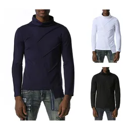 Ciemne Nieregularne Mężczyźni Koszulki T-Shirt Pełna Rękaw Solid Slim T-Shirt Turtleneck Sweter Geometria Streetwear Łączenie Camisetas 210524