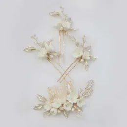 スリダル手作り淡水真珠パールセラムフラワーブライダルヘアコームヘアピンセット結婚式のヘッドピース女性ジュエリーヘアアクセサリーx0625